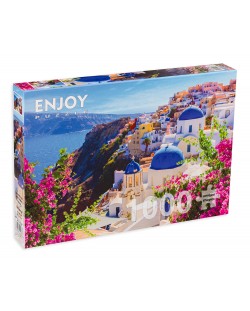 Puzzle Enjoy de 1000 piese -Santorini View with Flowers, Greece